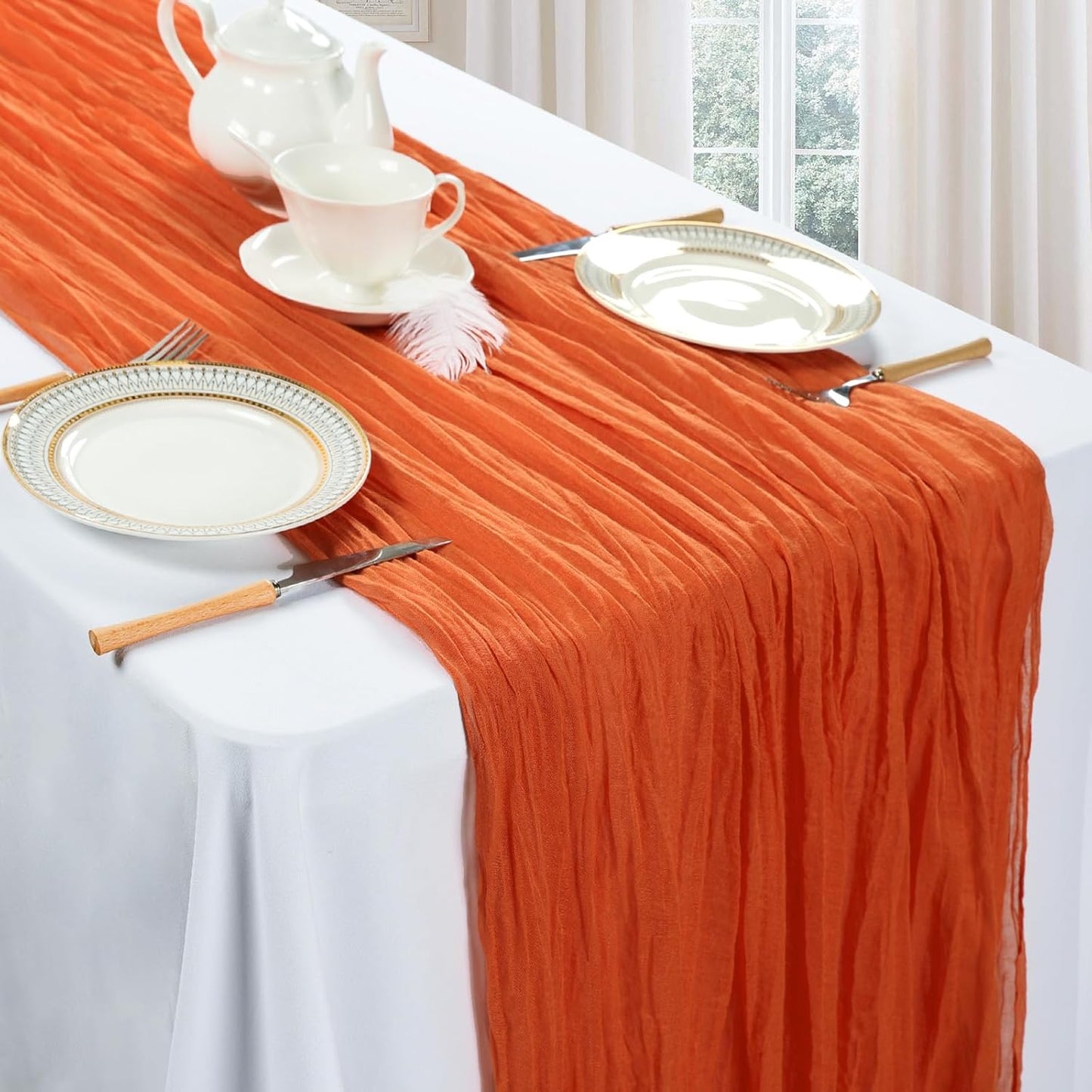 6 Pack Fall Thanksgiving Table Runner Orange 10ft Boho Gauze Fabric Cheesecloth Table Runner 35 x 120 Inch Rustic Sheer Runner for Wedding Home Décor Halloween Party Centerpiece Decorations