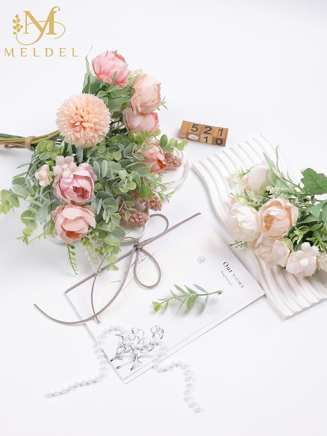 Meldel 3Pcs Peony Bouquet Light Pink Champagne Rose Artificial Flowers Eucalyptus Plants Silk Flower Arrangements Wedding Bouquets Decorations Plastic Floral Centerpieces for Home Kitchen Party Decor