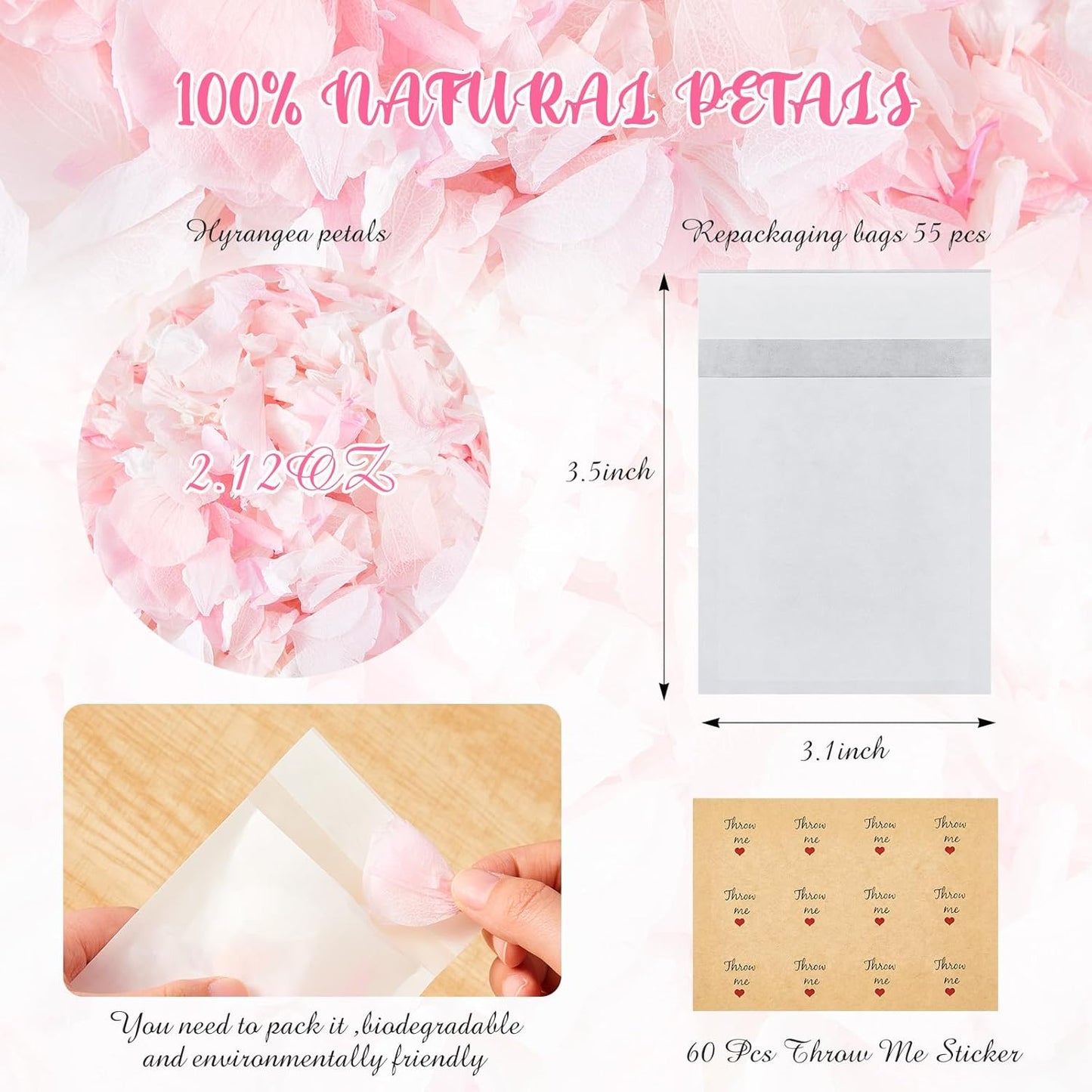 Biodegradable Confetti, Dried Hydrangea Flower Petals with Throw Me Stickers Wedding Confetti Biodegradable Flower Petals for Wedding Ideas Valentines Day Decor(Pink White,55 Pcs)