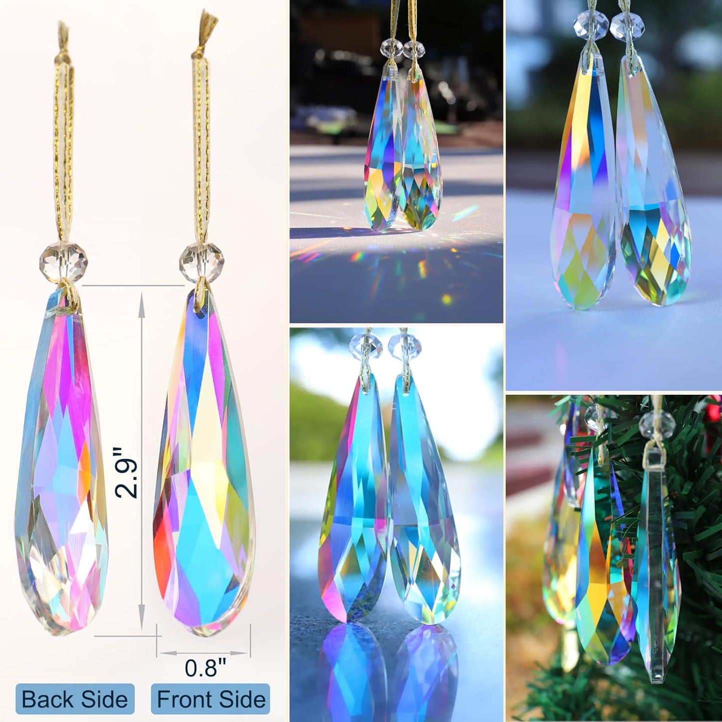 Crystal Glass Christmas Ornaments, 6Pcs Teardrop Prism Hanging Crystals for Christmas Tree,Centerpieces,Wedding,Party Decor (Crystal AB)