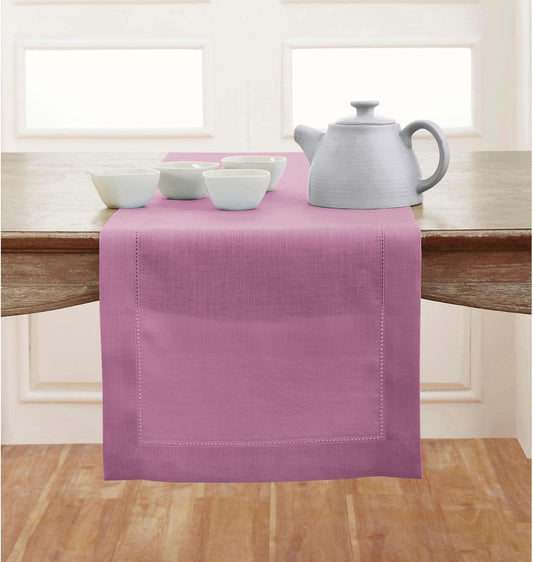 Solino Home Linen Table Runner 120 Inches Long - Classic Hemstitch 100% Pure Linen Violet Dining Table Runner 14 x 120 Inch for Halloween