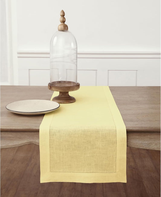 Solino Home Linen Yellow Table Runner 120 Inches Long - 100% Pure Linen Hemstitch 14 x 120 Inch Table Runner for Dining - Classic Hemstitch