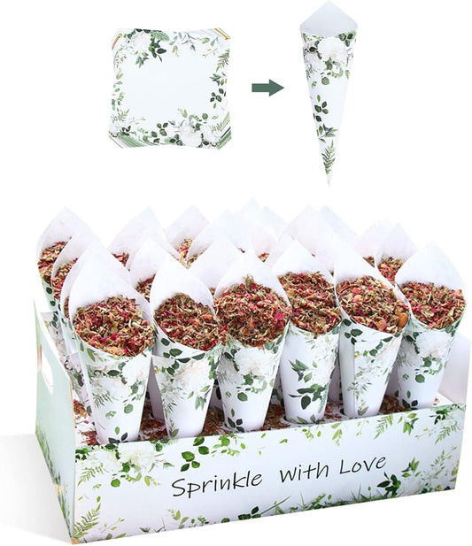 30 Pieces biodegradable confetti Cones and Stand Tray Paper Cone Box 30 Holes Suitable Placing Dried Flower Petals Confetti for Wedding, Engagement, Party, Birthday (Green)