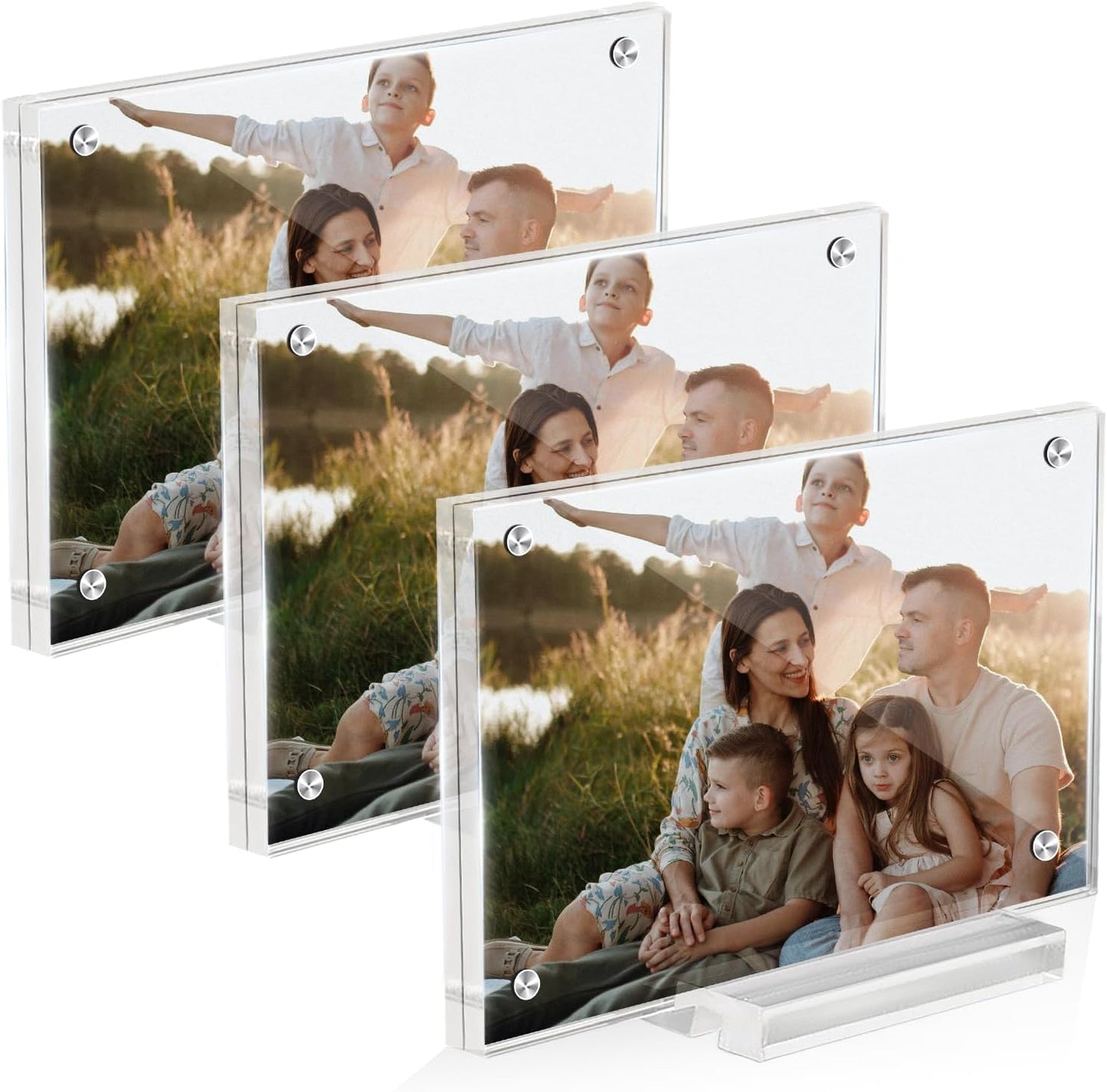 3 Pack 4x6 Magnetic Acrylic Picture Frame with Base, Both Horizontal Vertical or Slant Back Display, Double Sided Clear Photo Frame, Frameless Lucite Frames