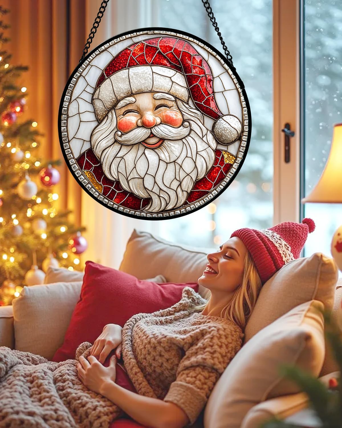Stained Glass Window Hanging - Red White Santa Claus Suncatcher for Doors Home Christmas Decoration Winter Sun Catcher Thanksgiving New Year Birthday Gifts for Women Men Mom Nana Girl 6.3 in