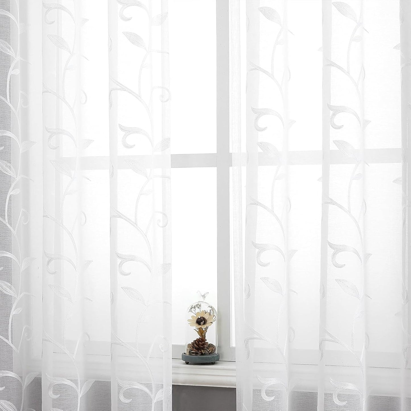 VISIONTEX White Sheer Voile Curtains, Decorative White Embroidery Faux Linen Rod Pocket Window Drapes for Home Kitchen, Living Room and Bedroom 54 x 108 Inch, Set of 2 Curtain Panels