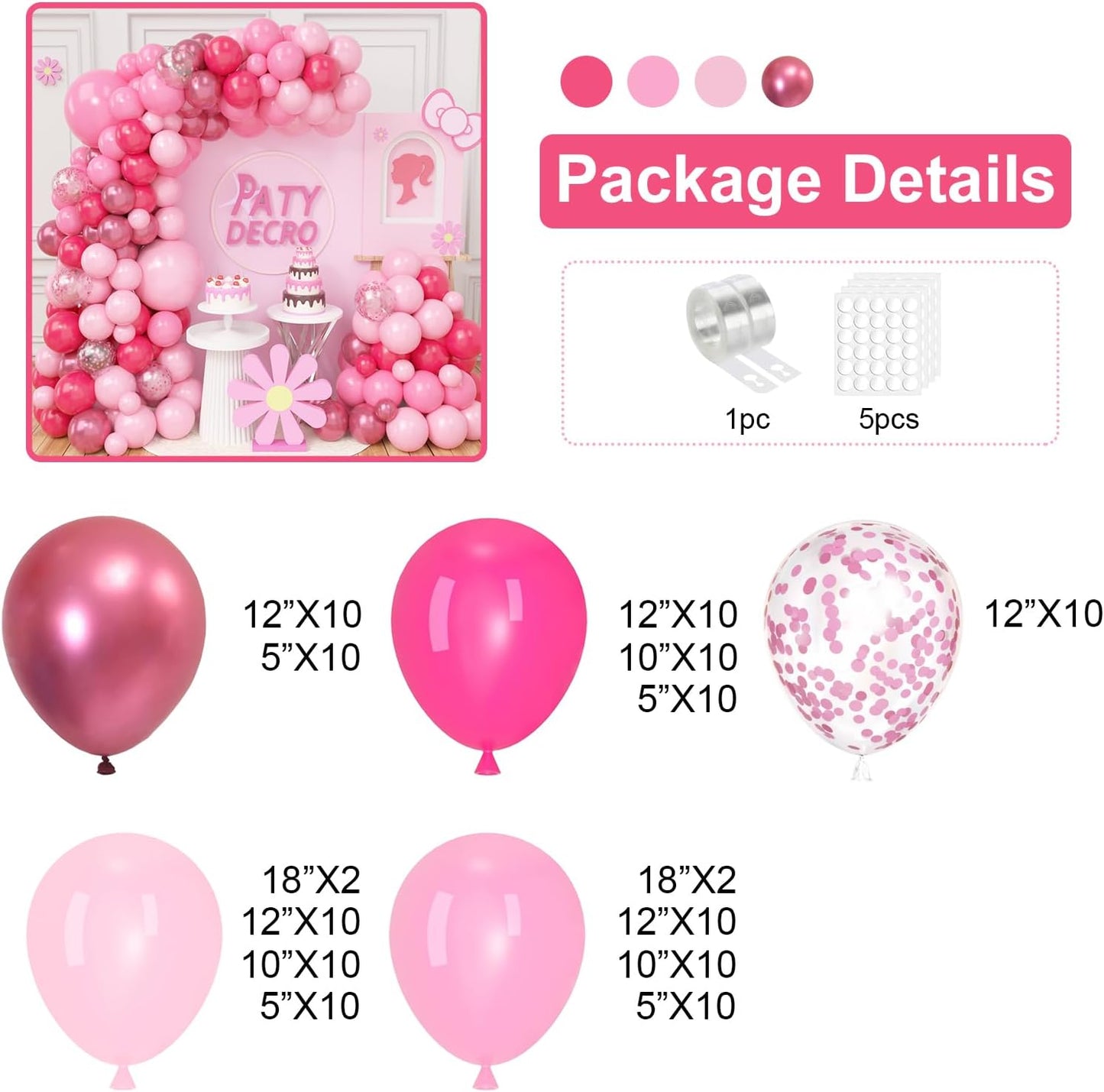 Hot Pink Balloons Garland Kit, 124pcs Light Pink Metallic Latex Balloons Arch for Birthday, Baby Shower, Princess Theme Party Decoration