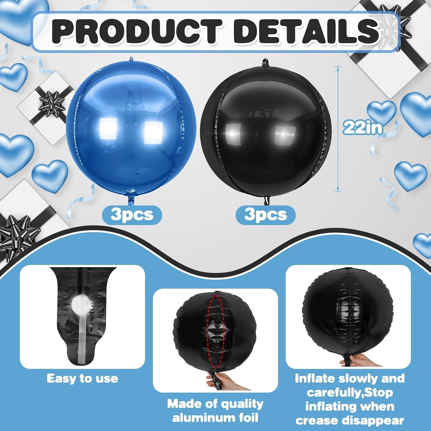 6Pcs Blue Black Round Foil Balloons,Giant 4D Round Ball Balloon,22 Inch Metallic Blue Black Balloons for Birthday Wedding Graduation Prom Party Decorations