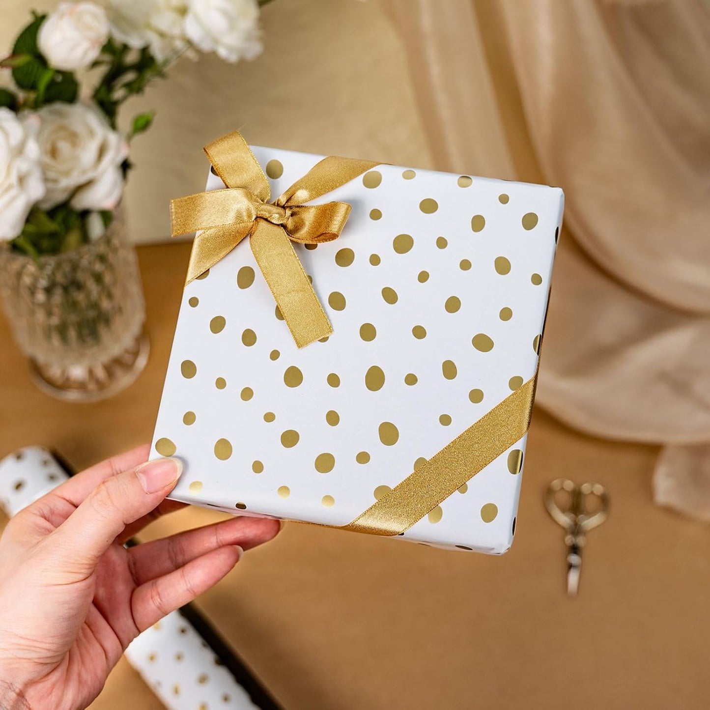 Burymento Golden Lrregular Wave Point Wrapping Paper, Reversible Gold Gift Wrap for Birthday, Valentines, Mothers day, Graduation, Wedding, Fathers day, Baby Shower, Christmas (17in x 16.4ft)