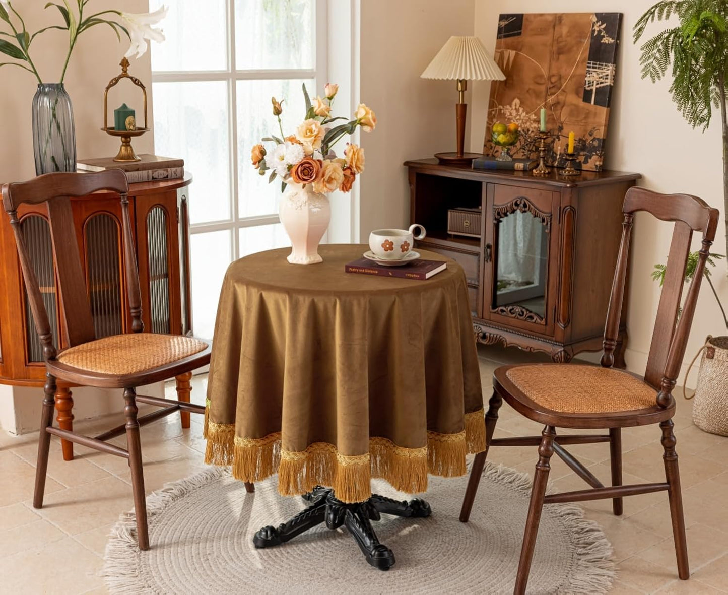 F-CHU Camel Tablecloth Thickset Velvet Tablecloth with Beautiful Gold Tassels Vintage Table Cloth for Home Decor Wedding, Party, Banquet and Events 70" Round