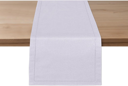 Ruvanti Linen Table Runner 108 Inches, Classic Hemstitch, Washable, Reusable, Non-Slipping, Stain Resistant- Perfect for Parties, Weddings, dinners, Thanksgiving, Christmas, Indoor use – Lavender Grey
