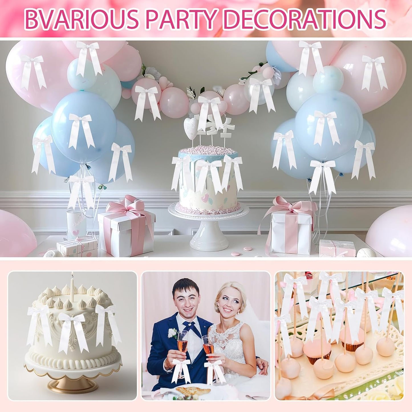 Riceshoot 24 Pcs Satin Ribbon Bow 3.5x5 Inch Twist Tie Bows for Gift Balloon Bag Cake Craft DIY Wedding Birthday Party Decor