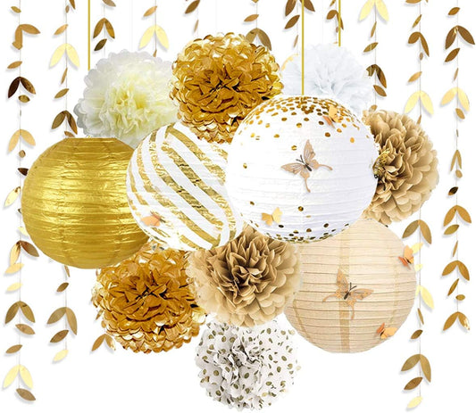 White and Gold Party Decoration Kit Lanterns Flowers Pom Pom with Gold 3D Butterfly Stickers and Leaf Garland Streamers for Birthday Engagement Wedding Bridal Shower Bachelorette Party Decor Supplies