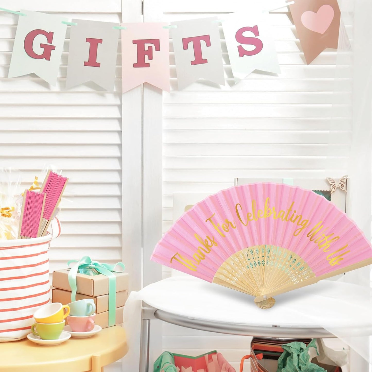 Jetec 50 Pcs Wedding Fans for Guests Bulk Silk Hand Fans Handheld Folded Thank You for Celebrating with Us Wedding Favors for Bridal Bridesmaid Baby Shower Dancing Party Church Gift(Pink)