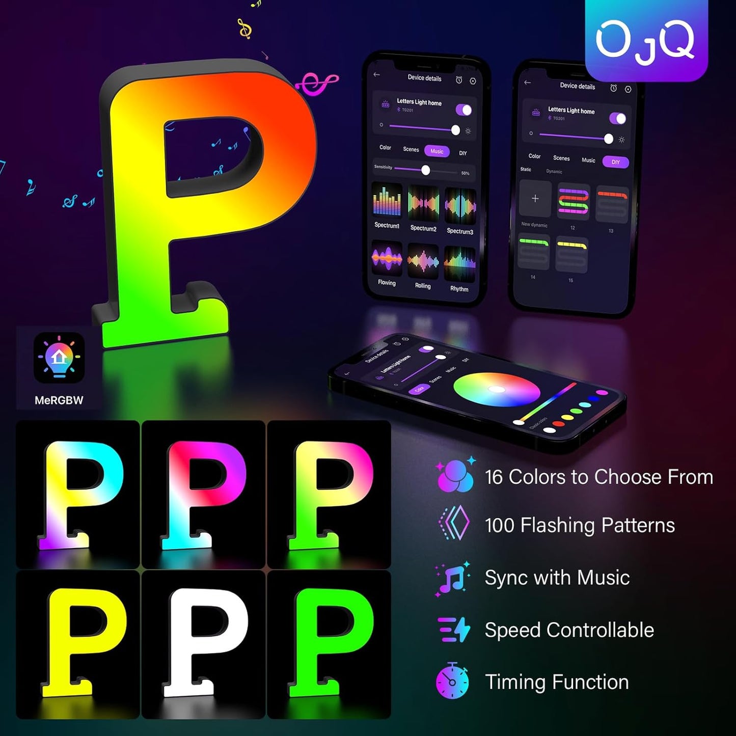 OJQ Light Up Letters LED Letter - Marquee Letters Room Decor Alphabet Letter Music Sync Color Change Colorful - Christmas Birthday Gifts for Girl - Teen Girls Gifts Party Home Wall Decor