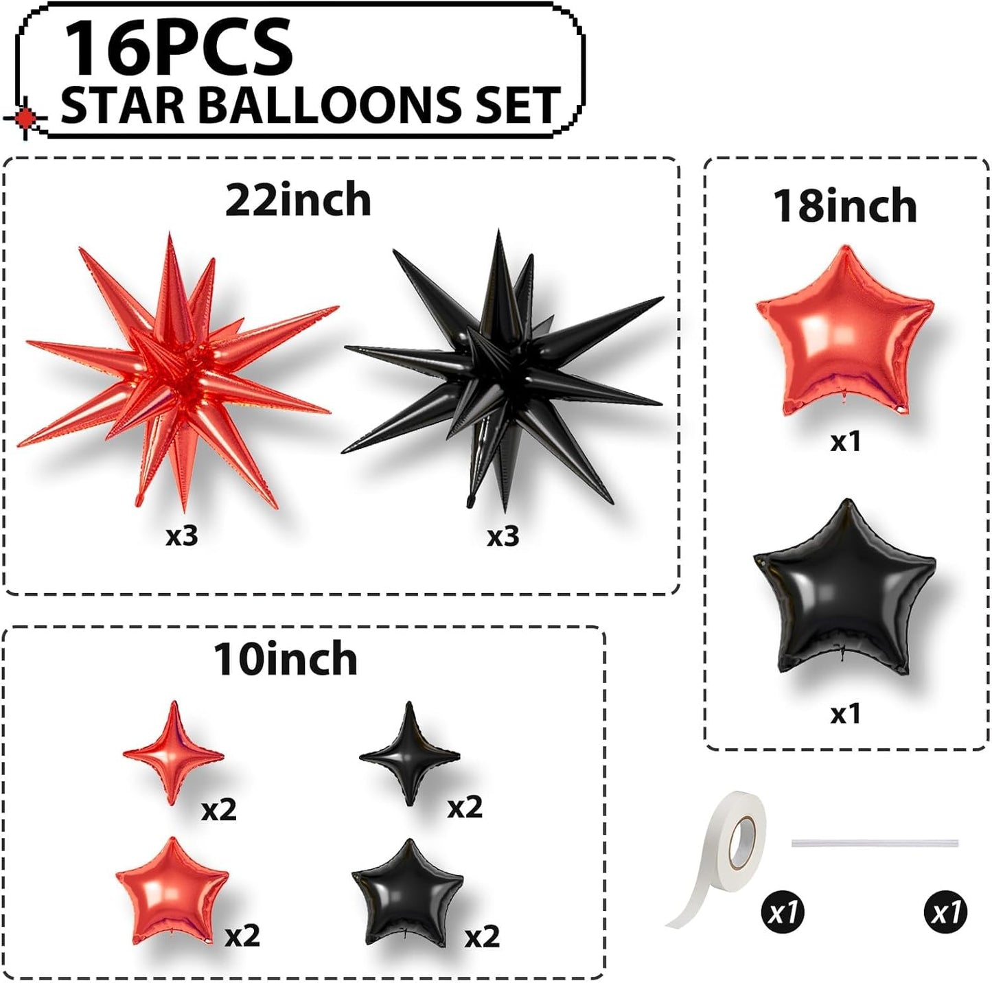 16 Pcs Red Black Star Balloons, 22/18/10 Inch Foil Balloons, Explosion Conee Four-Pointed Balloon for Kids Birthday Graduation Prom Wedding Baby Shower Casino Party Decorations