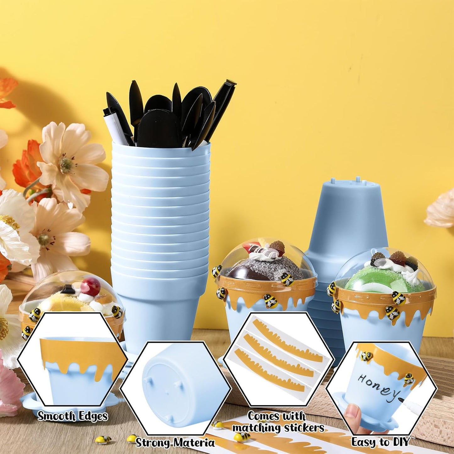 30 Sets Mini Honey Bee Pots with Lids, Spoon, Saucers and Bee Charms, 6.76 OZ Plastic Honey Jars for Cupcake Dessert Themed Party Favor Planter Baby Shower Birthday Wedding Decoration (Blue)