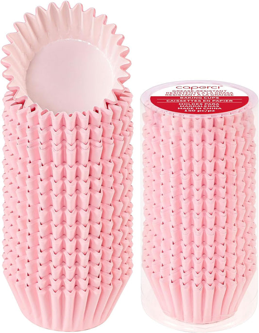 Caperci Grease-Resistant Standard Pink Cupcake Liners 150 Counts - Heavy Duty Paper Muffin Baking Cups, Odorless, No Muffin Pan Needed, Easily Peels (Pink)