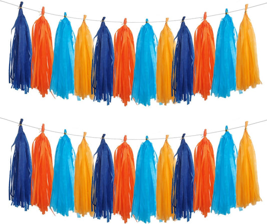 GAKA Orange and Blue Tassel Garland Tissue Paper Tassel Banner,Table Decor,Tassels Party Decor Supplies for Theme Party,Wedding,Birthday,Anniversary,DIY Kits,20 PC