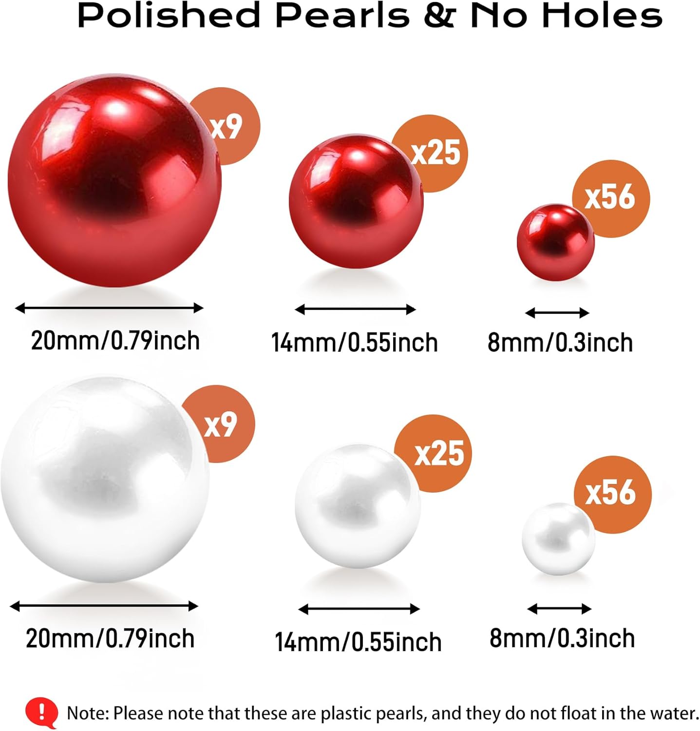 180PCS Red & White Beads for Centerpieces Vases, No Hole Polished Pearl Makeup Beads Mixed 8/14/20mm Sizes, Pearl Vase Fillers Table Scatters for Party Wedding Decor