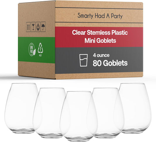 Smarty Had A Party 4 oz Clear Stemless Plastic Mini Goblets, Unbreakable Disposable Wine Goblets for Weddings, Parties, and Events, Bulk Drinkware for Celebrations (80 Count)