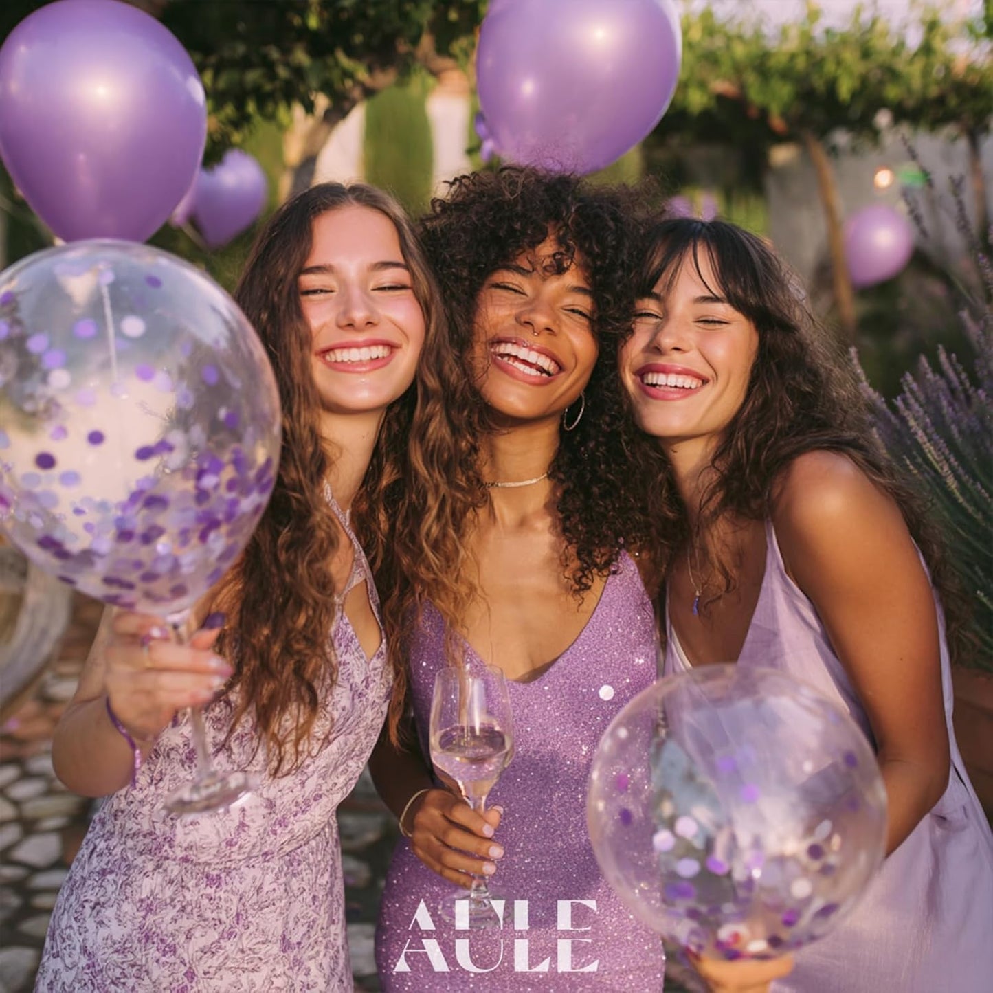 AULE Party Balloons Pack of 42 - Metallic Lavender Balloons and Confetti Latex Helium Balloons With 64ft Ribbons - 12 Inch Lilac Chrome Balloon Decoration Set