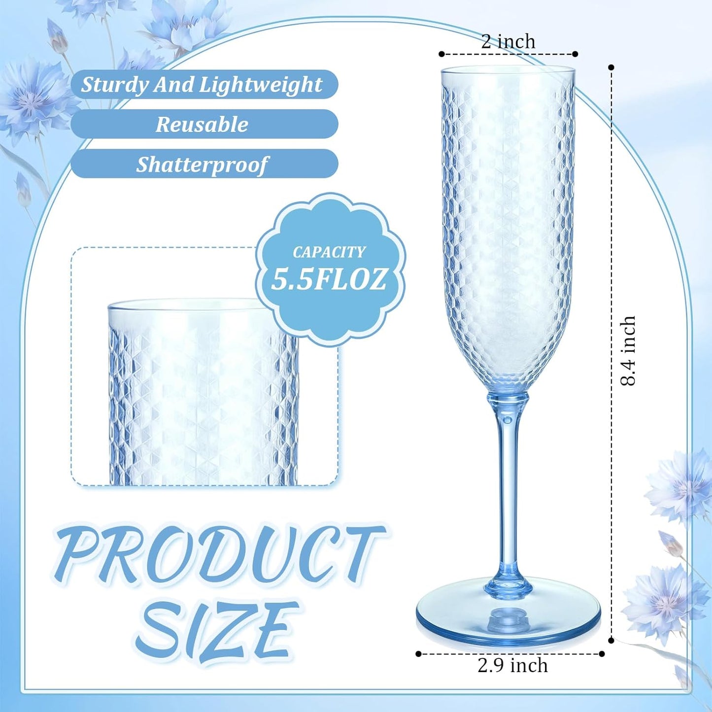 Remerry 24 Pack Detachable Plastic Champagne Flutes 5.5 oz Champagne Glasses Bulk Disposable Mimosa Glasses Reusable Wine Cups for Wedding Toasting Baby Shower Birthday Party New Years (Blue)