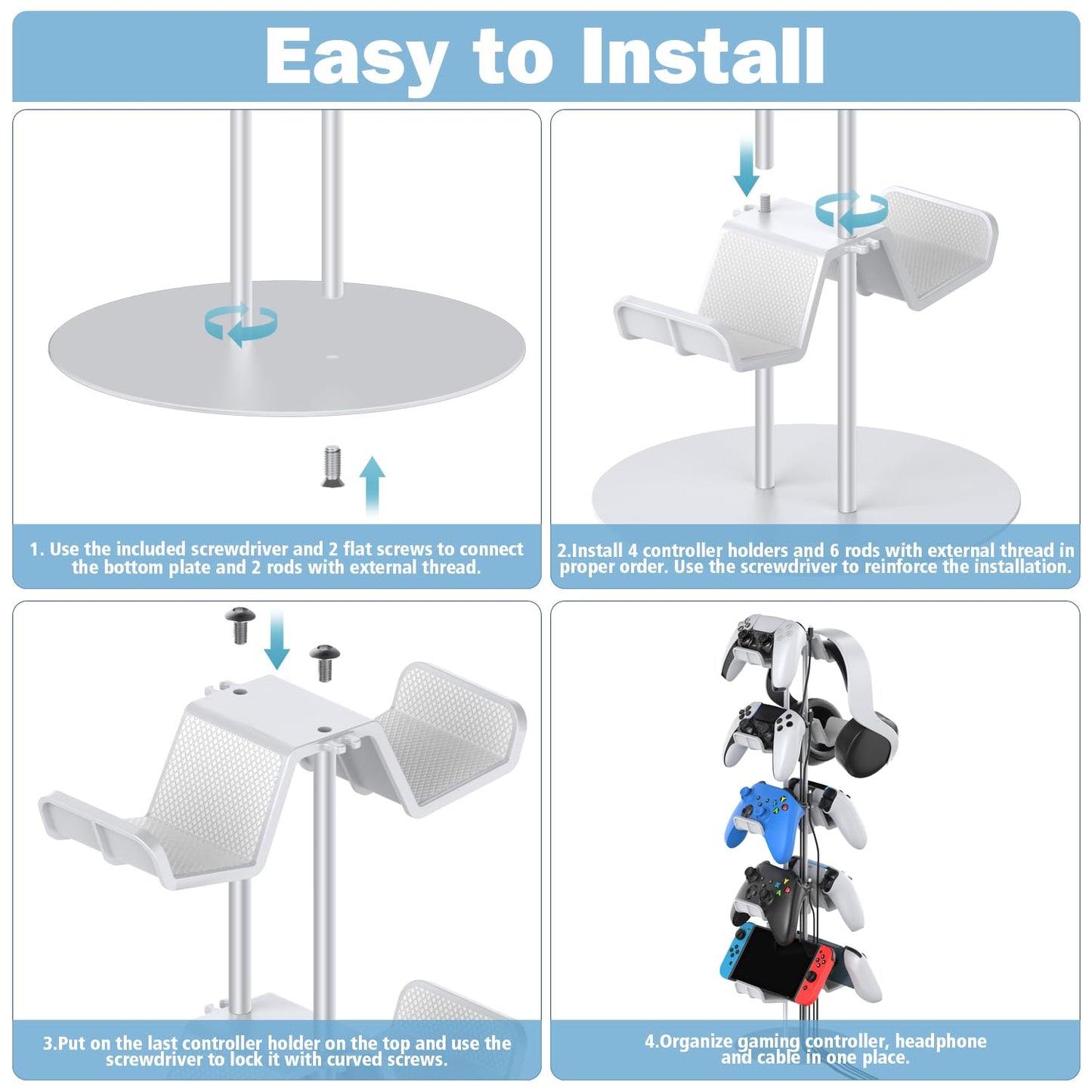 Kytok Gamer Gifts, Headset Stand 5 Tiers with Cable Organizer, Controller Stand Compatible with PS5/Xbox/Nintendo Switch/PS Portal/PS4, Headset Holder & Controller Holder for 10 Packs Controller