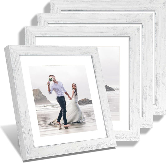 10x10 Picture Frame Set of 4 with Real Glass, Distressed White Frame Display 8x8 Pictures with Mat or 10 x 10 Without Mat, Wood Square Photo Frame for Wall Mount and Tabletop Display