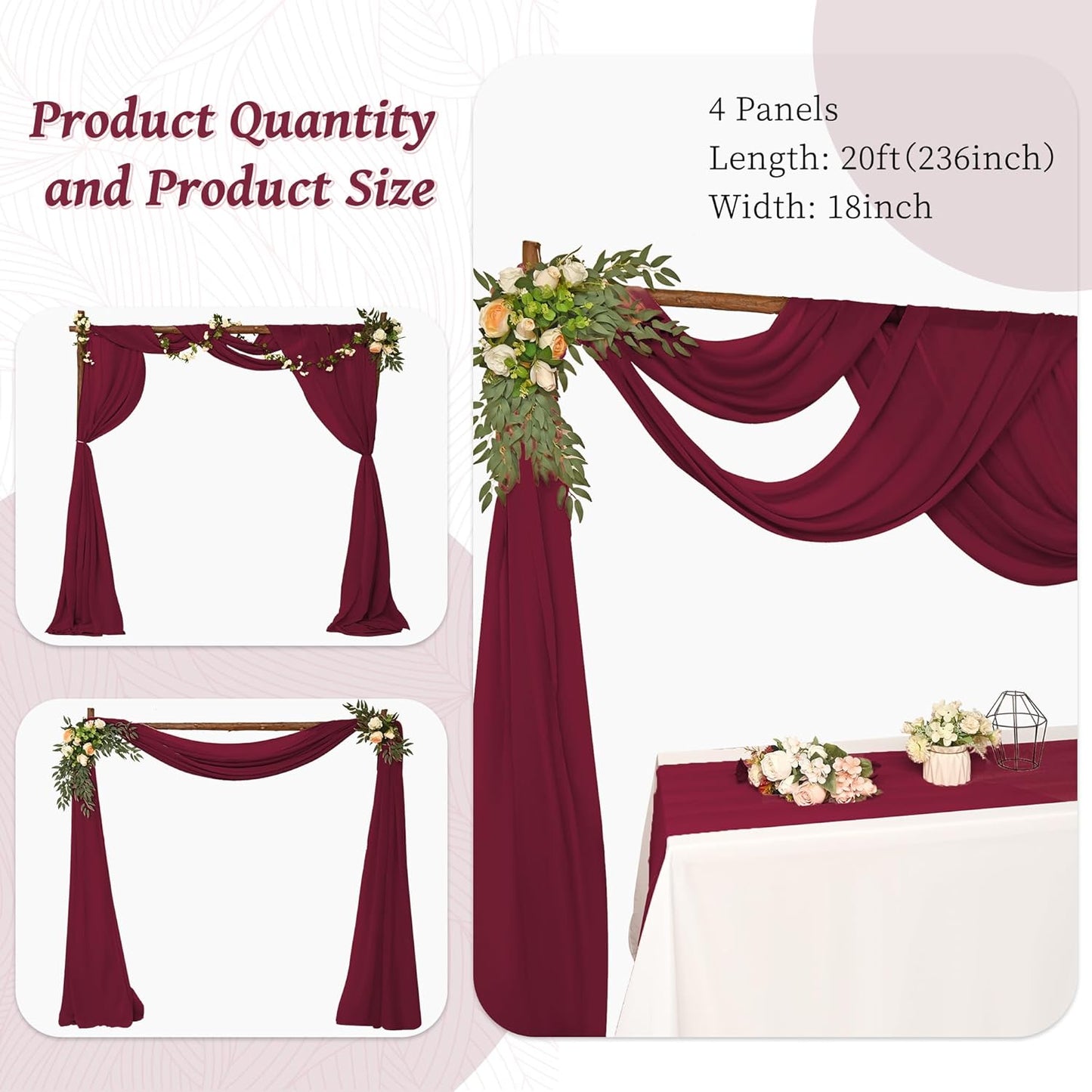 4 Panels Wedding Arch Draping Fabric 28" x 20Ft Chiffon Wedding Arch Drapes Chiffon Fabric Drape Sheer Backdrop Curtain for Nuptials Party Ceremony Birthday Reception Backdrop Ceiling Décor(Burgundy)