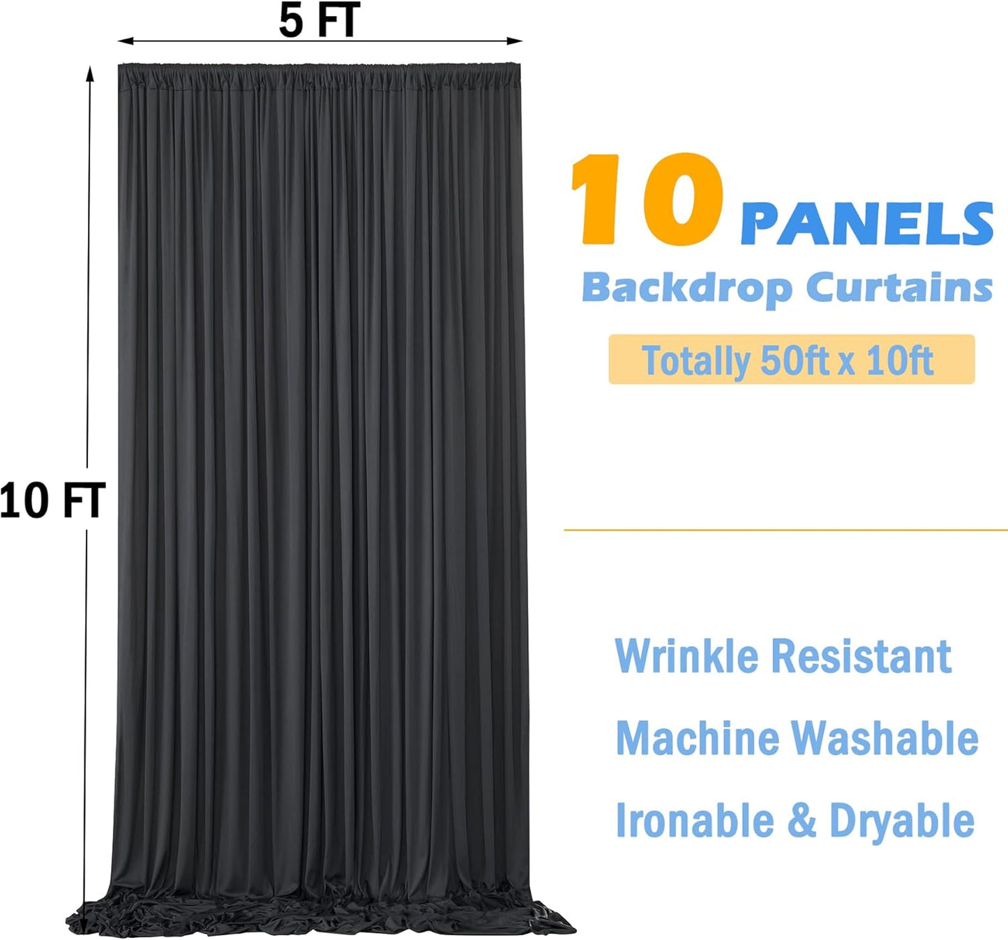 50ftx10ft Wrinkle Free Black Backdrop Curtain for Parties, 10 Panels 5x10ft Silky Photo Backdrop Drapes Back Drop Cloth for Wedding Birthday Photography Background Photoshoot Decor