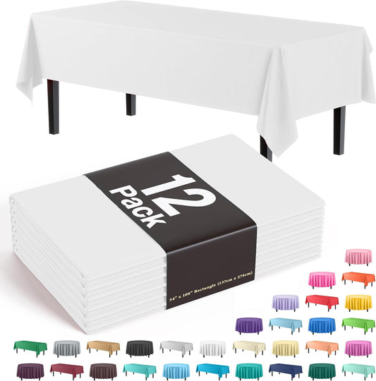 Exquisite 12-Pack Premium Plastic Tablecloth 54 Inch. x 108 Inch. Rectangle Table Cover-White