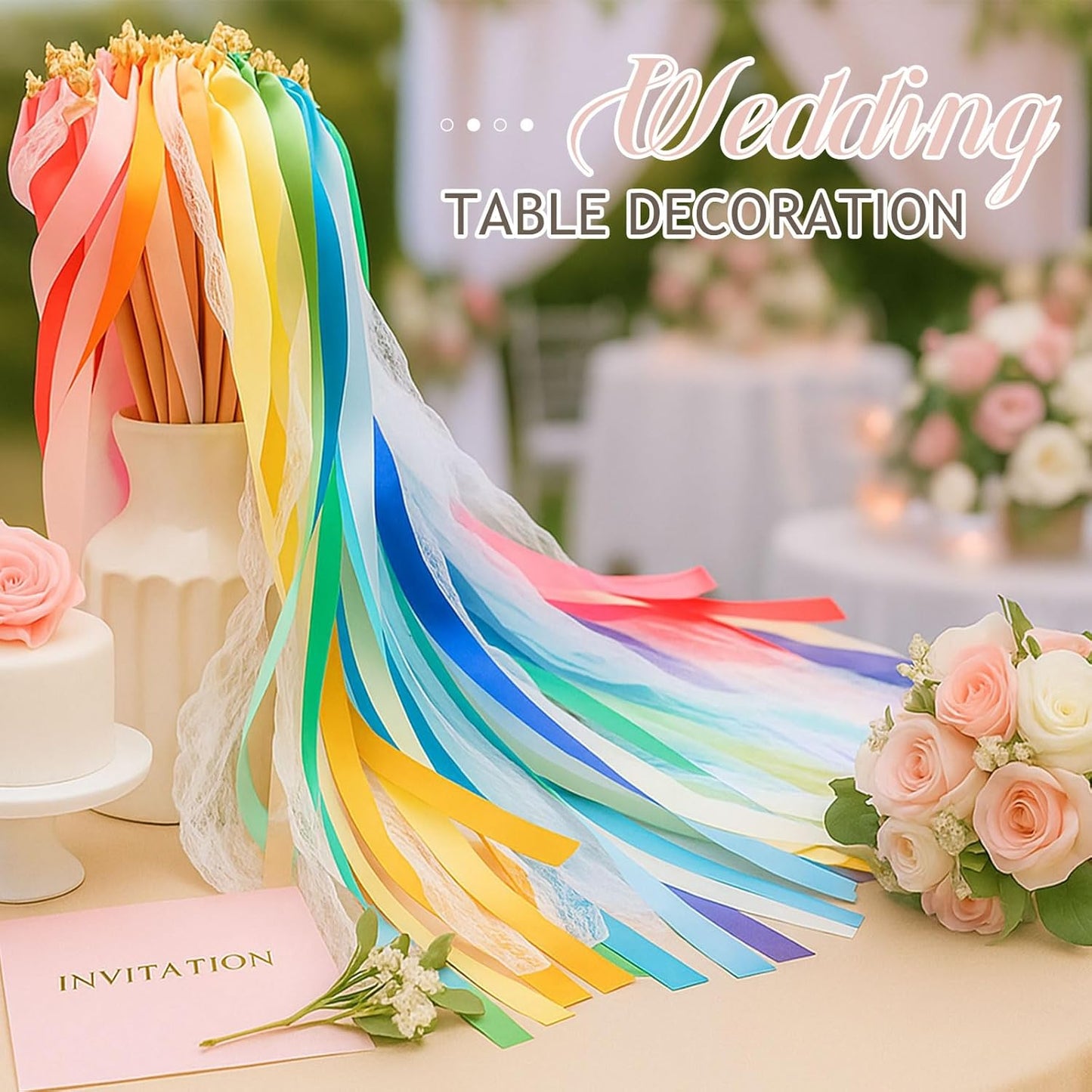 Taiyin 150 Pcs Lace Ribbon Stick Wands Wedding Wand Streamers with Bell Silk Ribbon Fairy Wand Wedding Send Off Streamer for Baby Shower Holiday Party Favors (Colorful)