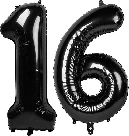 40 Inch Black Mylar Foil Number 16 Birthday Balloon, 16 Boy Girl Party Decorations Supplies, Big Helium Balloons Numbers for 16 61 Men Women Anniversary