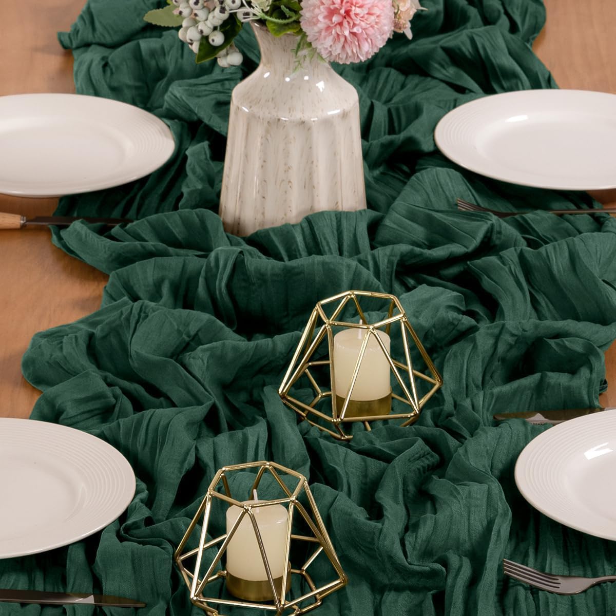 MLMW 4 Pack Christmas Table Runner Cheesecloth Emerald Green Table Runner Boho Cheese Cloth Gauze 160 inch Rustic Table Runner 13.3ft for Party Wedding Baby Bridal Shower Birthday