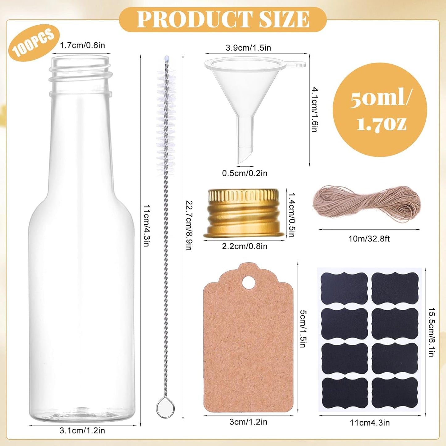 Dualshine 100 Pcs Mini Liquor Bottles, 1.7oz/50ml Shot Bottles with Gold Aluminium Caps, Reusable, Ideal for Juices, Travel, Home, Weddings, Parties
