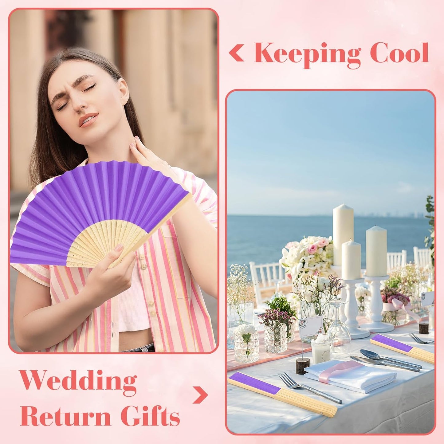 6 Pieces Purple Hand Held Bamboo Folding Fans Foldable Paper Fans Handheld for Women Girls Wedding DIY Decoration Church Home Party Favors Summer