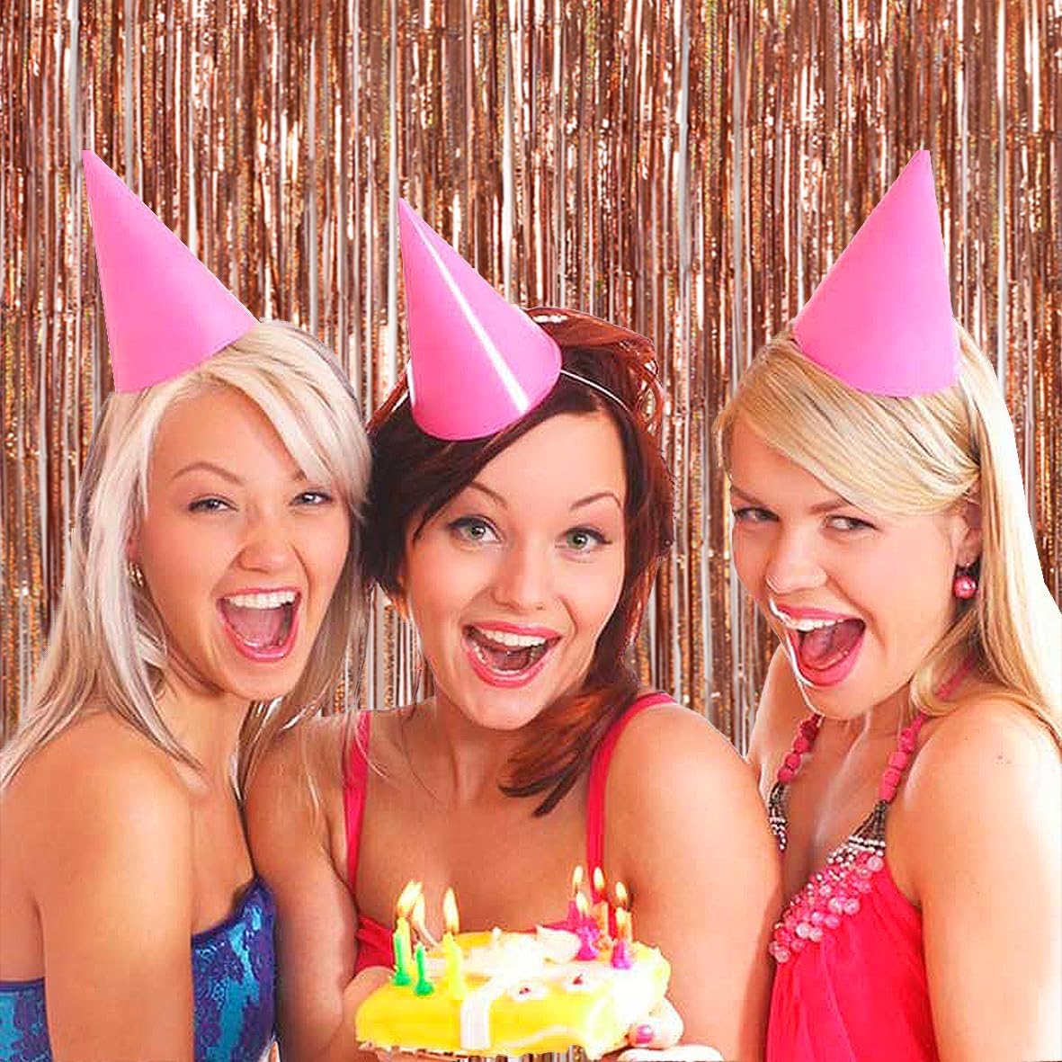 TONIFUL 3Pcs Laser Rose Gold Door Streamers,Laser Rose Gold Photo Booth Backdrop Metallic Streamers Foil Fringe Curtains for Birthday,Christmas,New Year,Bachelorette Party Decor(9.9ft x 6.6ft)