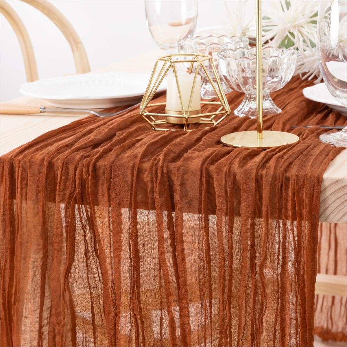 MLMW 10 Pack Fall Thanksgiving Table Runner Cheesecloth Autumn Harvest Rust Terracotta Cheese Cloth Boho Gauze 160 inch Table Runner 13.3ft for Wedding Party Baby Bridal Shower Birthday