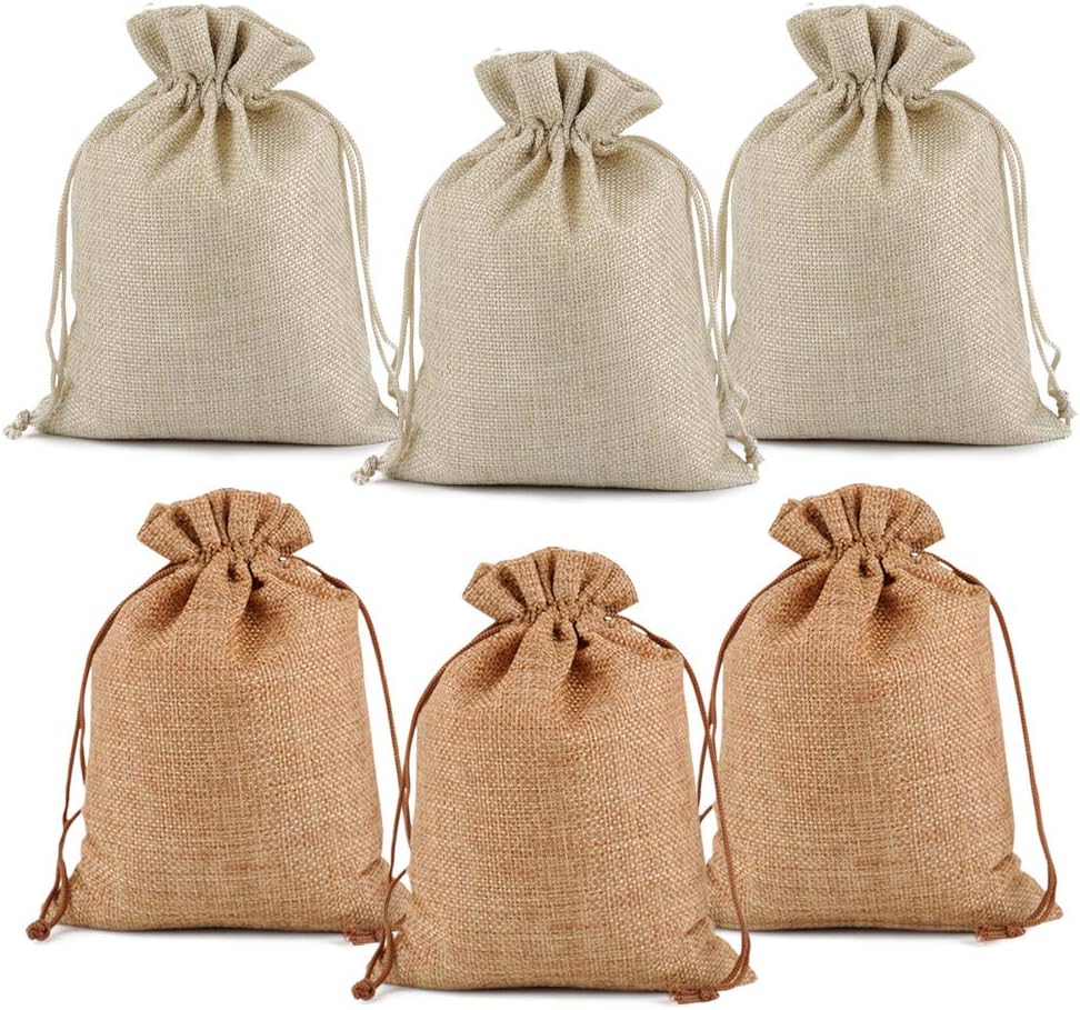 Lucky Monet 25/50/100PCS Burlap Gift Bags Wedding Hessian Jute Bags Linen Jewelry Pouches with Drawstring for Birthday, Party, Wedding Favors, Present, Art and DIY Craft (100Pcs, Coffee, 7” x 9”)