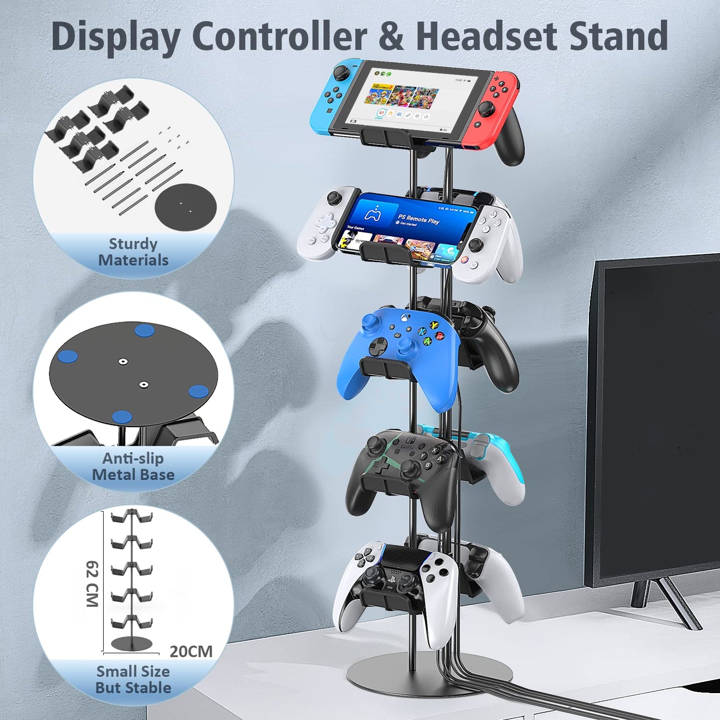 Kytok Gamer Gifts, Headset Stand 5 Tiers with Cable Organizer, Controller Stand Compatible with PS5/Xbox/Nintendo Switch/PS Portal/PS4, Headset Holder & Controller Holder for 10 Packs Controller