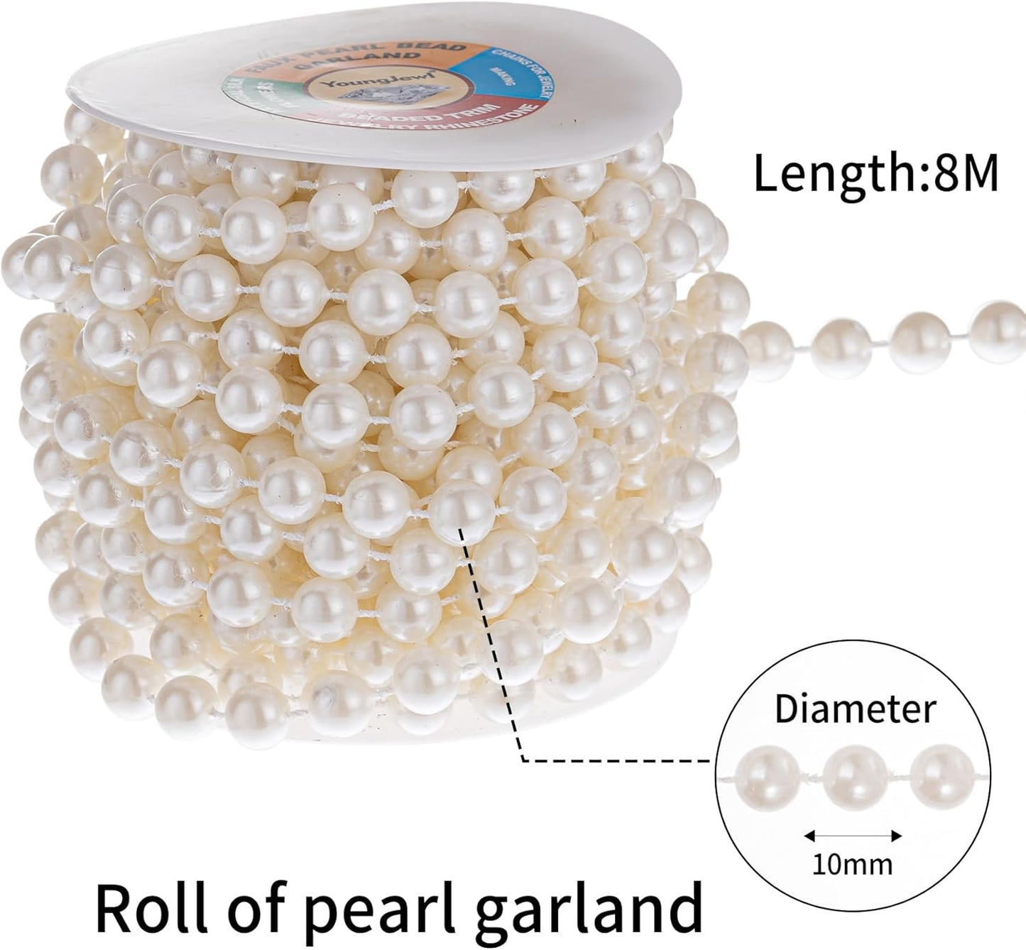 10mm Pearl Strands,9 Yds of Lvory Fake Beads Garland Spool Roll with Stringed Pearls for Crafting,Wedding Party,Christmas Tree Decoration.