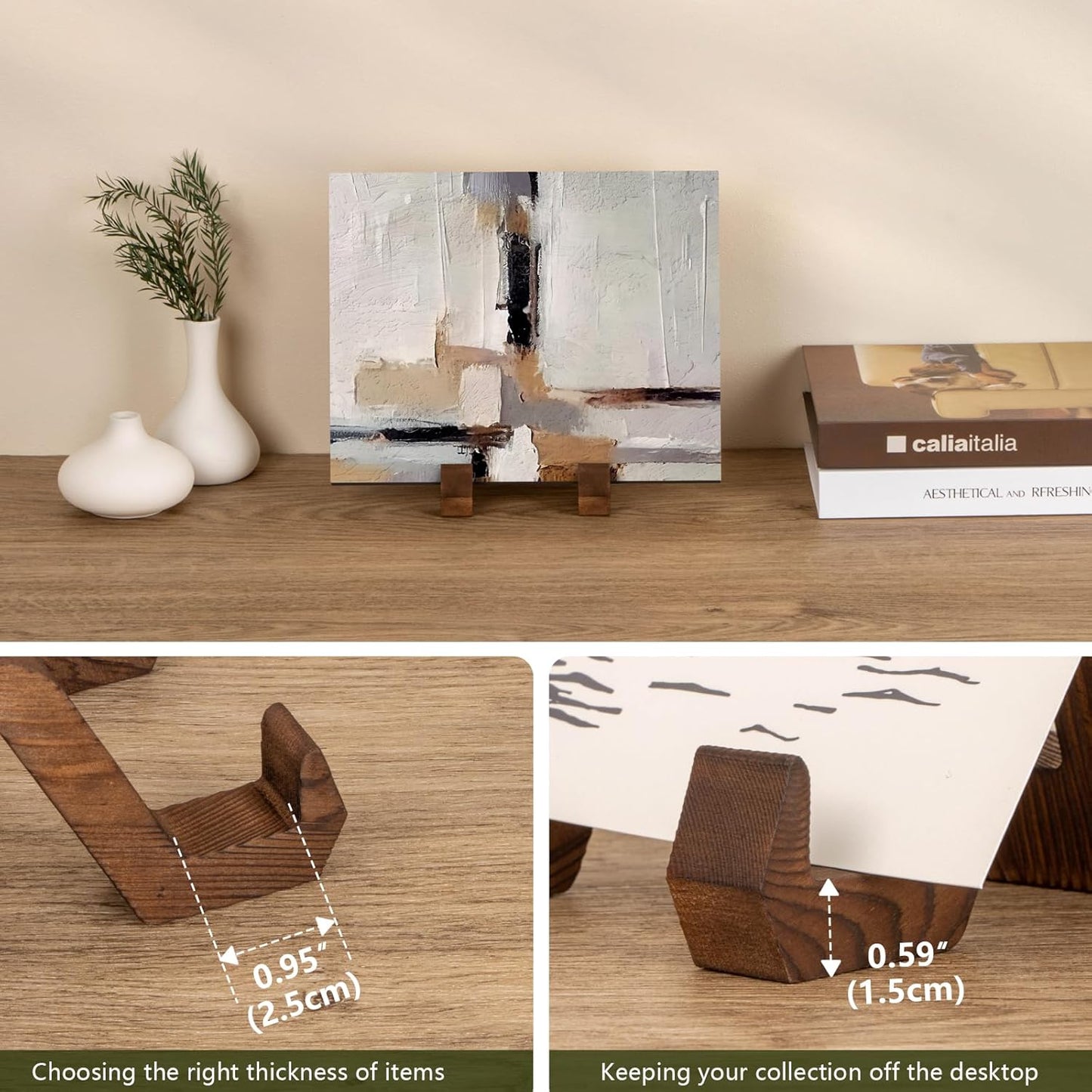 Plate Display Stand, 3 Pack 4 Inch Plate Holder for Displaying, Decorative Picture Frame Dish Photo Plaque Platter Wood Stand