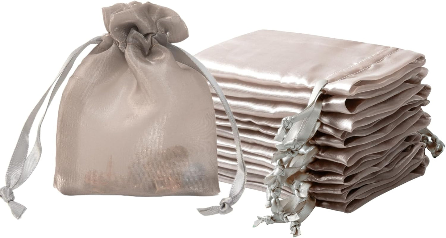 QIANF 20 Pcs Champagne Small Organza Bags 3X4 inch for Wedding Favors with Drawstring, Mini Mesh Gift Bags Jewelry Pouch for Candy Bridal Shower Party Favor Baby Shower Christmas