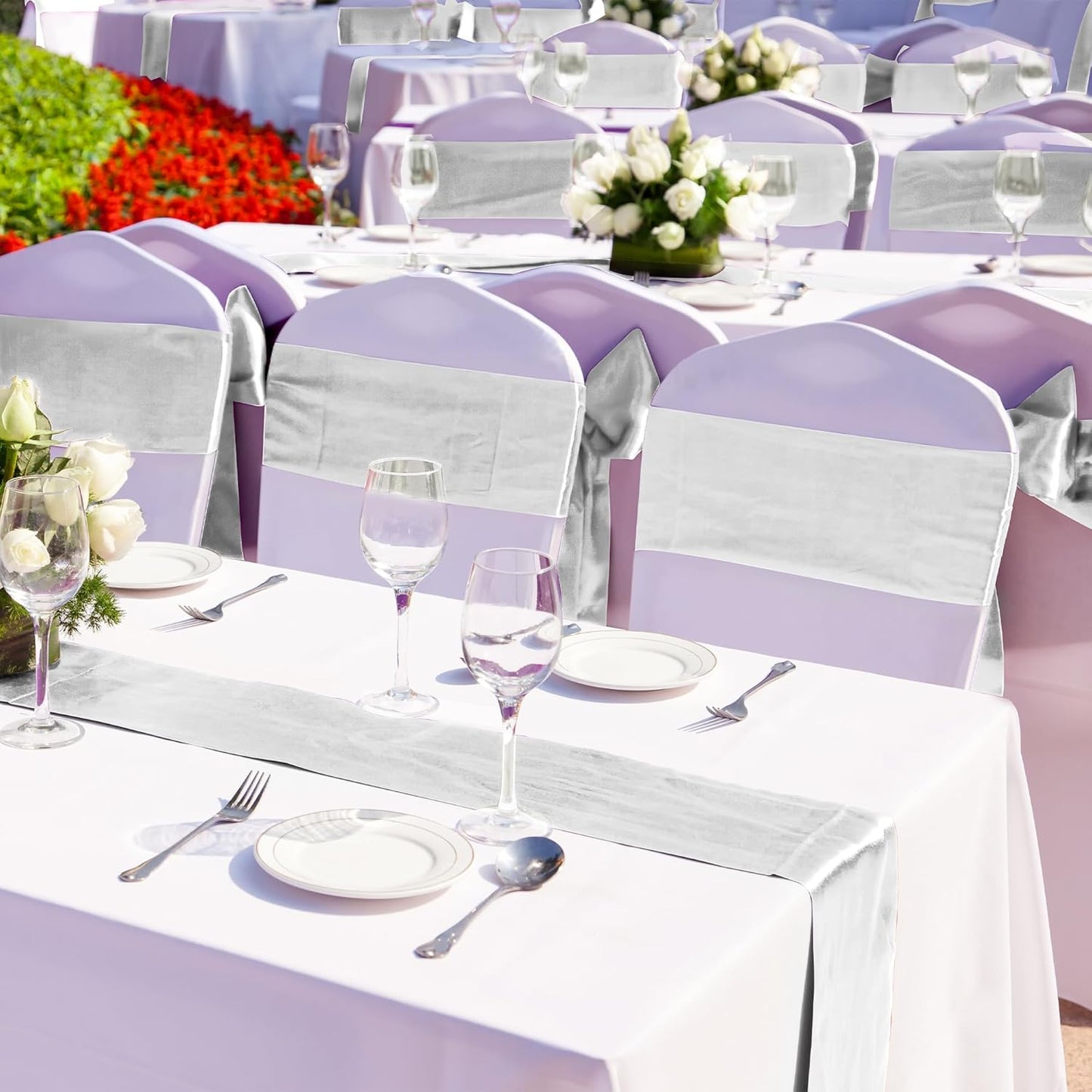 Aneco 12 Pack Satin Table Runner 12 x 108 Inch Light Silver Long Wedding Satin Silk Table Runner for Wedding Banquet Graduations Birthday Party Decoration