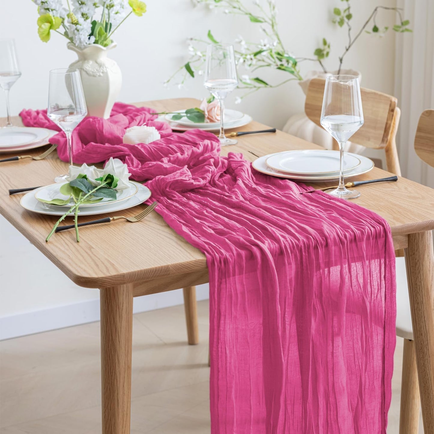 Asee'm 12pcs Cheesecloth Table Runner 120 Inches Long Deep Pink Boho Gauze Cheese Cloth Runner 10FT Rustic Sheer Table Runners for Christmas Wedding Party Baby Shower Spring Easter Decoration