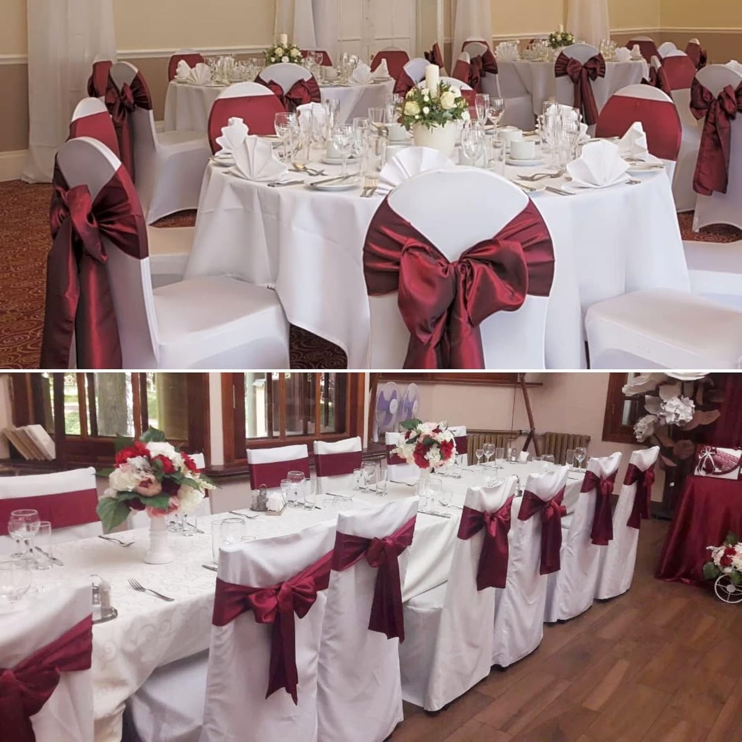 100 PCS Satin Chair Sashes Decorative Bow Satin Chair Sashes Ties Seat Ribbon Bows Chairs Cover Band for Wedding Party Event Ceremony Reception Holiday Banquet Home Kitchen Decor(7 x108 inch,Burgundy)