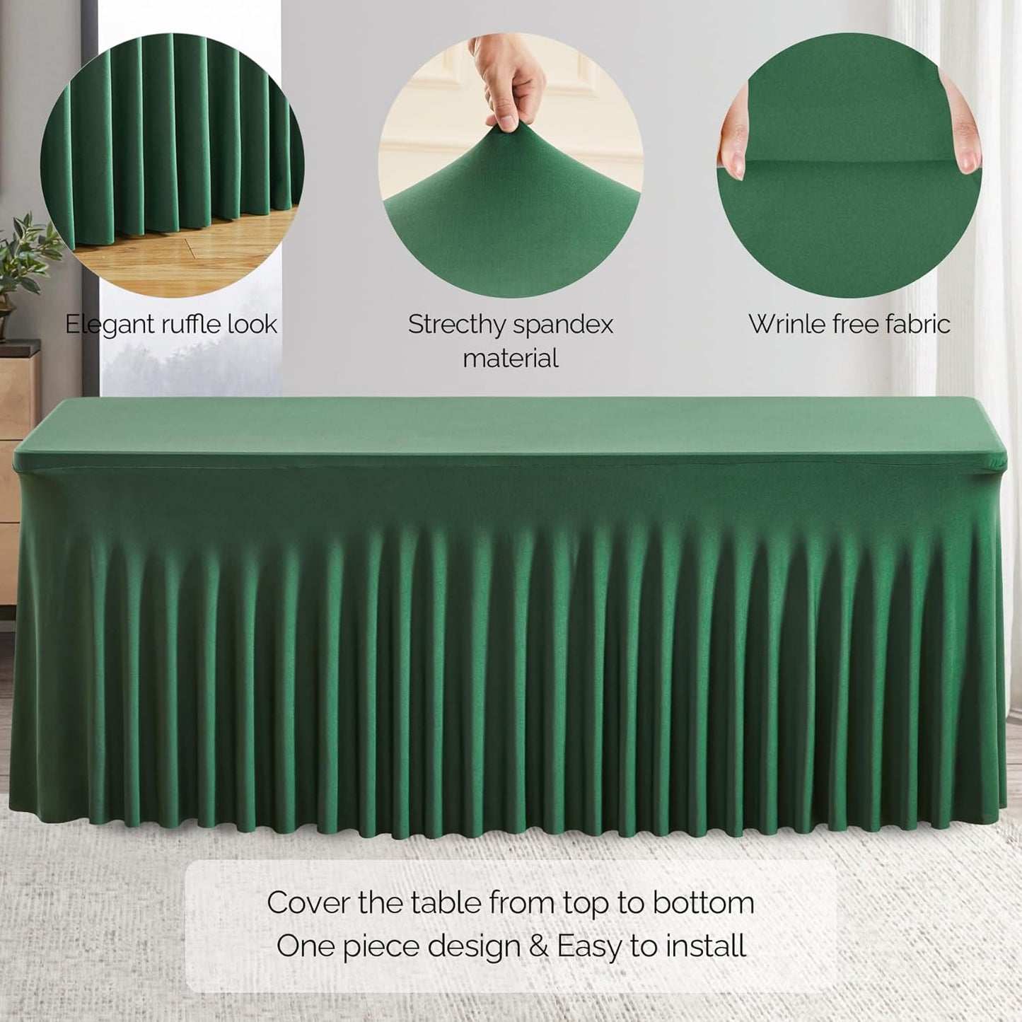 Wish Care 2 Pack Hunter Green Stretch Spandex Table Clothes for 6 Foot Rectangle Tables, 6FT Wrinkle Free Fitted Tablecloths Ruffles Design Table Cover for Party, Banquet, Wedding and Events