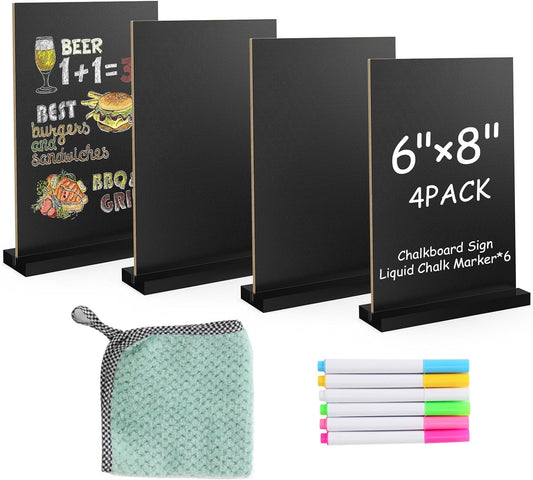 EHWINE Mini Chalkboard Easel Sign Set,4 Pack 6x8 Inch Wooden Boards with Acrylic Base and Liquid Chalk Markers, Reusable Double Sided Tabletop Display for Wedding, Restaurant, Party, Coffee Shop Decor