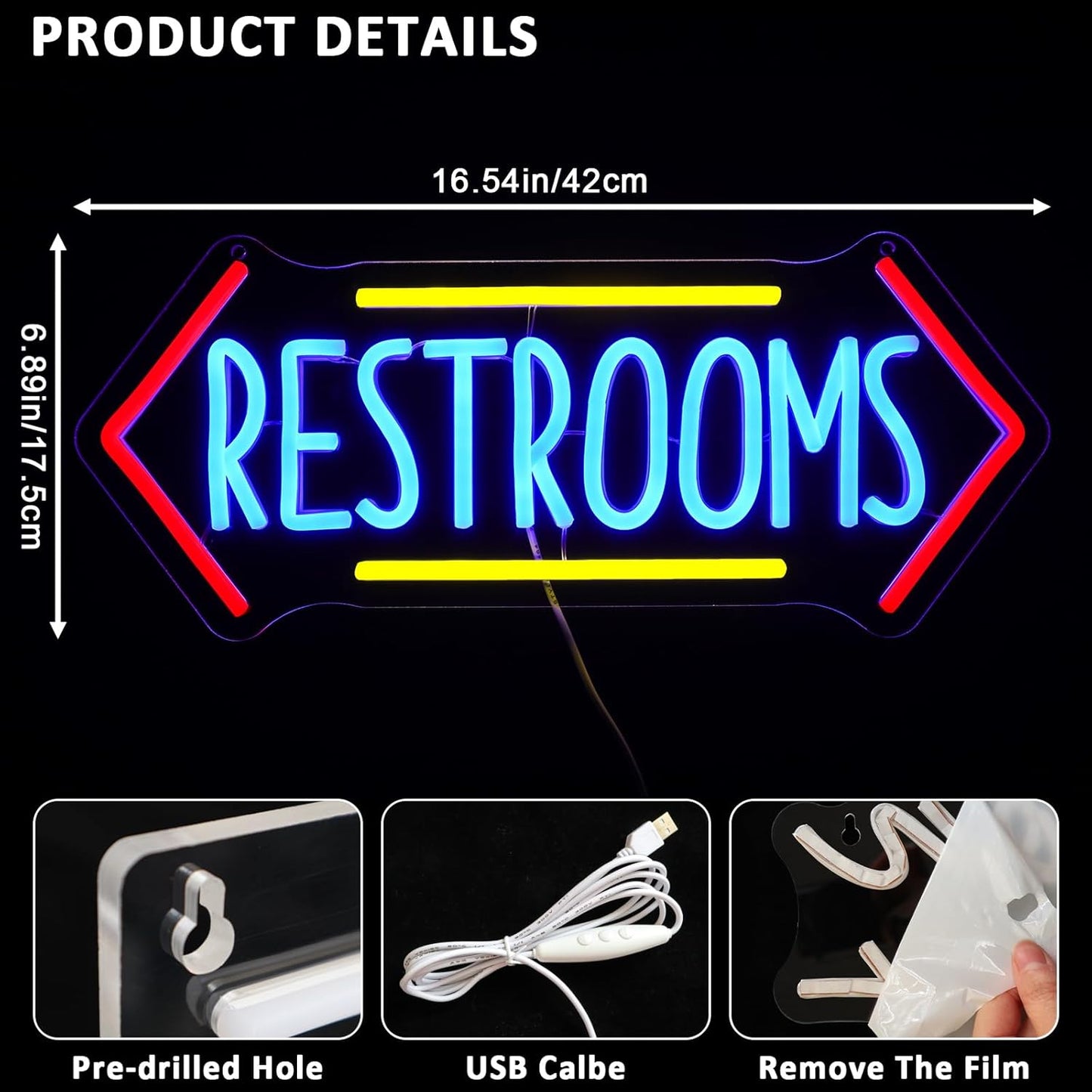 Restroom Neon Sign for Wall Decor, Toilet Led Signs for Bathroom, Unisex Bathroom Sign, USB Dimmable Neon Lights for Restrooms Shop Business Market Store Restaurant Bathroom Bar Hotels